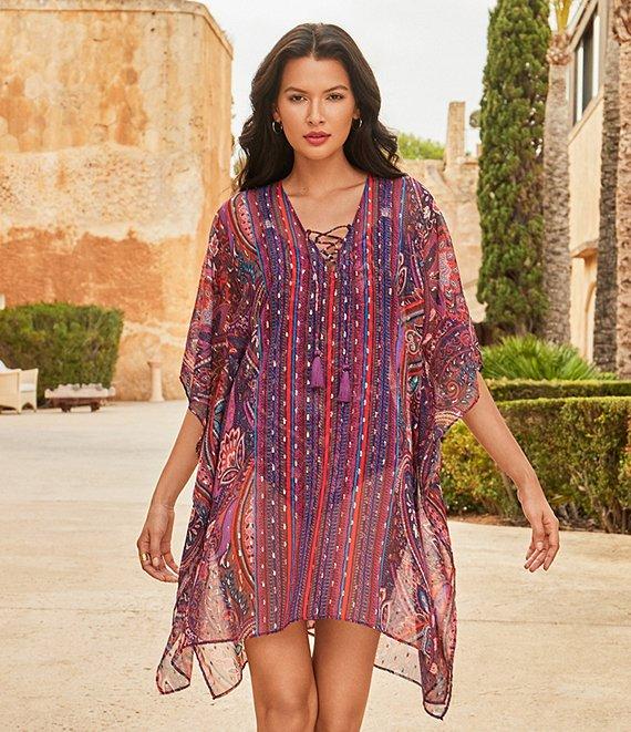 Miraclesuit Dynasty Print V-Neck Lace-Up Tassel Drop Shoulder Flutter Sleeve Caftan Swim Cover-Up Product Image