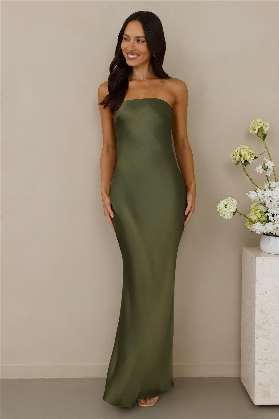 The Felicity Strapless Satin Maxi Dress Olive Product Image