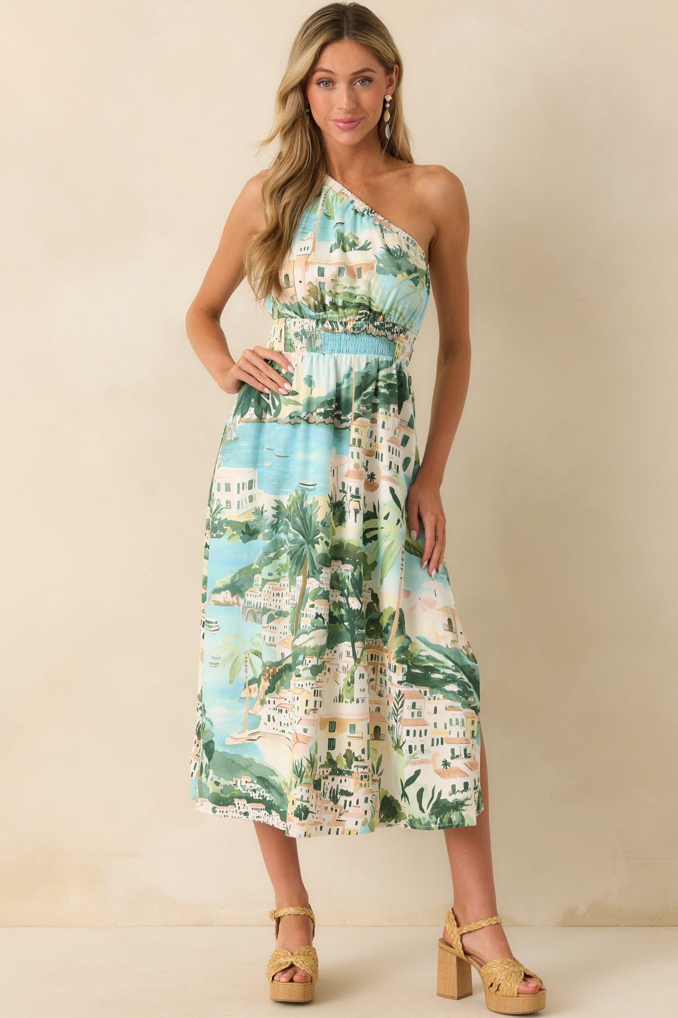 Made My Day Blue Multi Shoreline Print One Shoulder Midi Dress Product Image