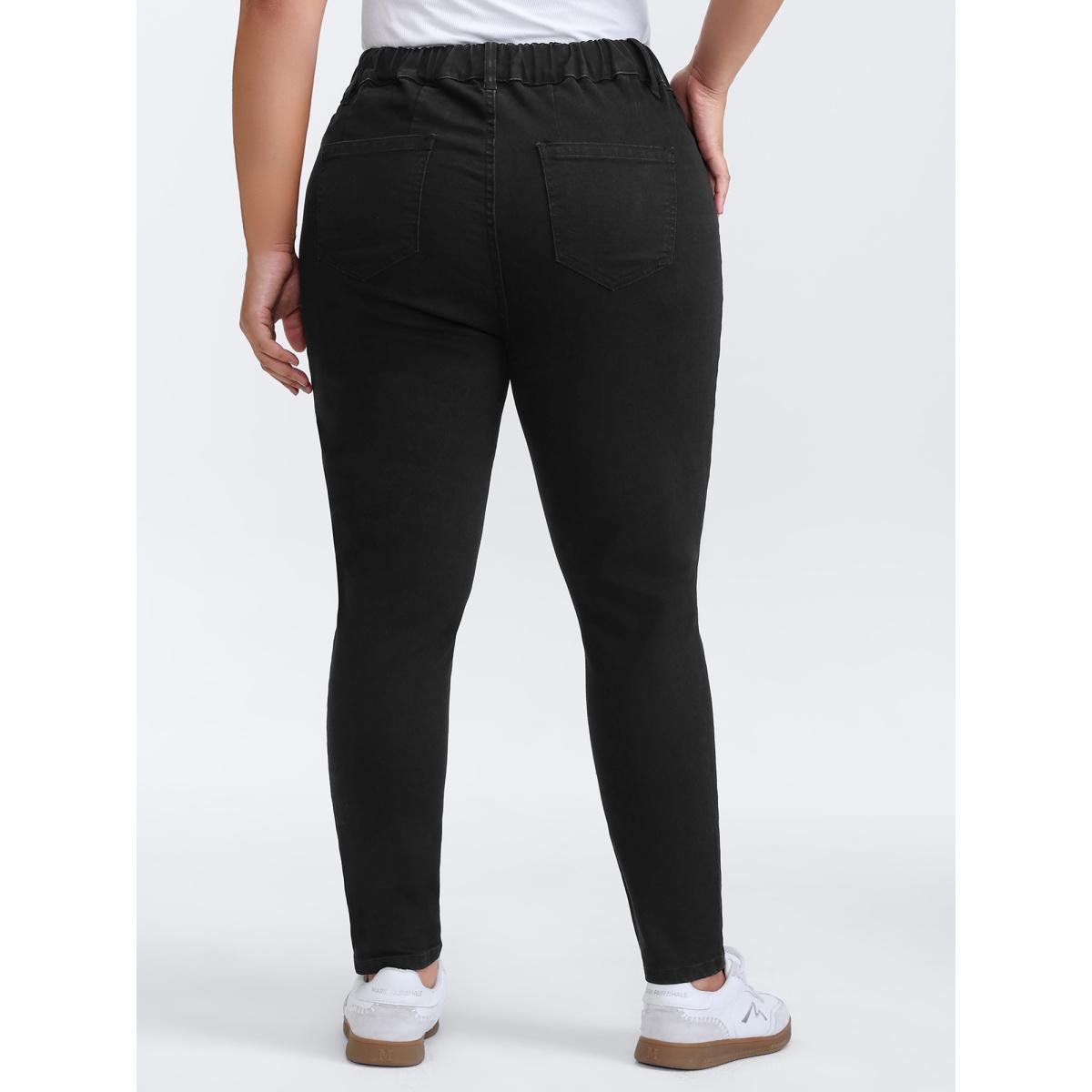 Plus Size Supersoft Waist Drawstring Skinny-Fit Jeans Women Denimblack Leisure Elastic Waist High stretch Slanted pocket Jeans BloomChic 24/3X Product Image