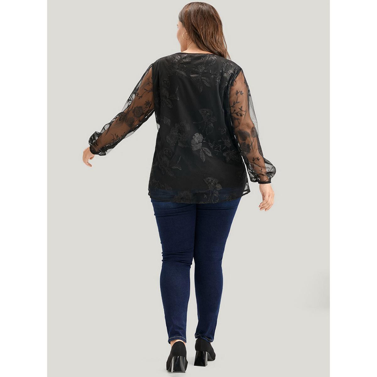Plus Size Black Floral Lace Mesh Lantern Sleeve Blouse Women Glamour Long Sleeve V-neck Going out Blouses BloomChic 18-20/2X Product Image