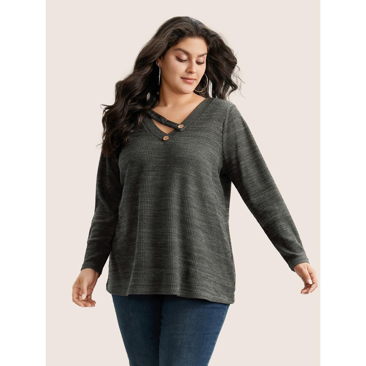 Plus Size Solid Rib Knit Button Detail T-shirt Gray Women Casual Non Plain V-neck Everyday T-shirts BloomChic 10/M Product Image
