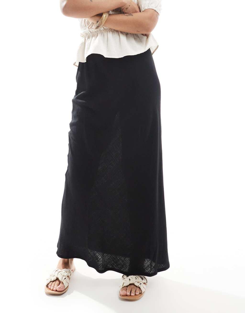 ASOS DESIGN Petite linen blend bias maxi skirt in black Product Image