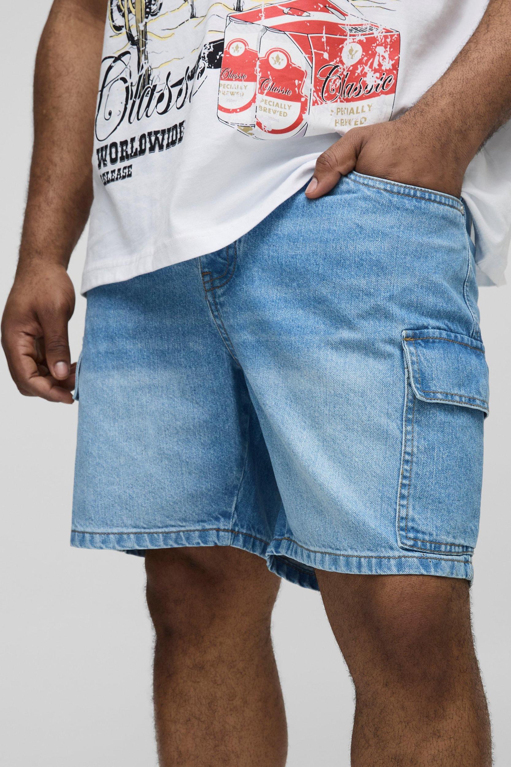 Plus Slim Rigid Cargo Jean Shorts | boohooMAN USA Product Image