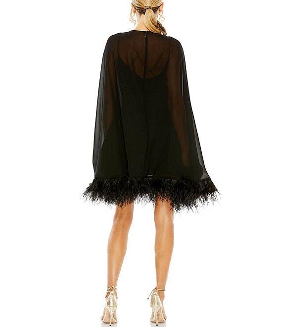 Mac Duggal Crew Neck Long Sleeve Feather Trim Cape Overlay Mini Dress Product Image