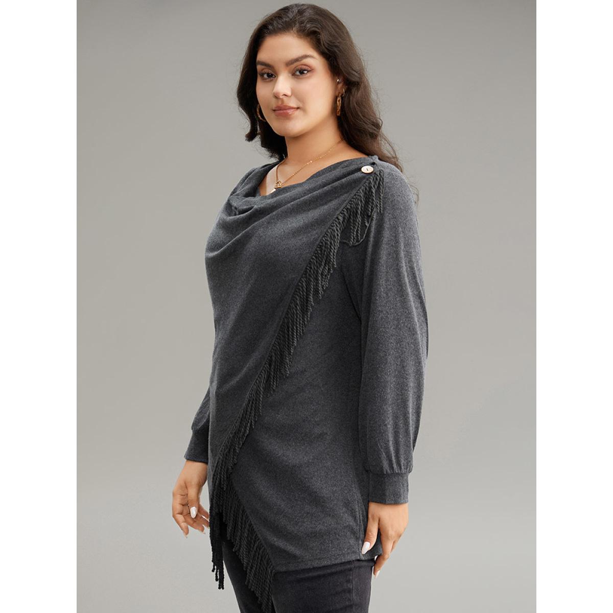 Plus Size Cowl Neck Tassels Button Detail Wrap Sweatshirt Women DimGray Elegant Wrap Cowl Neck Everyday Sweatshirts BloomChic 14-16/1X Product Image