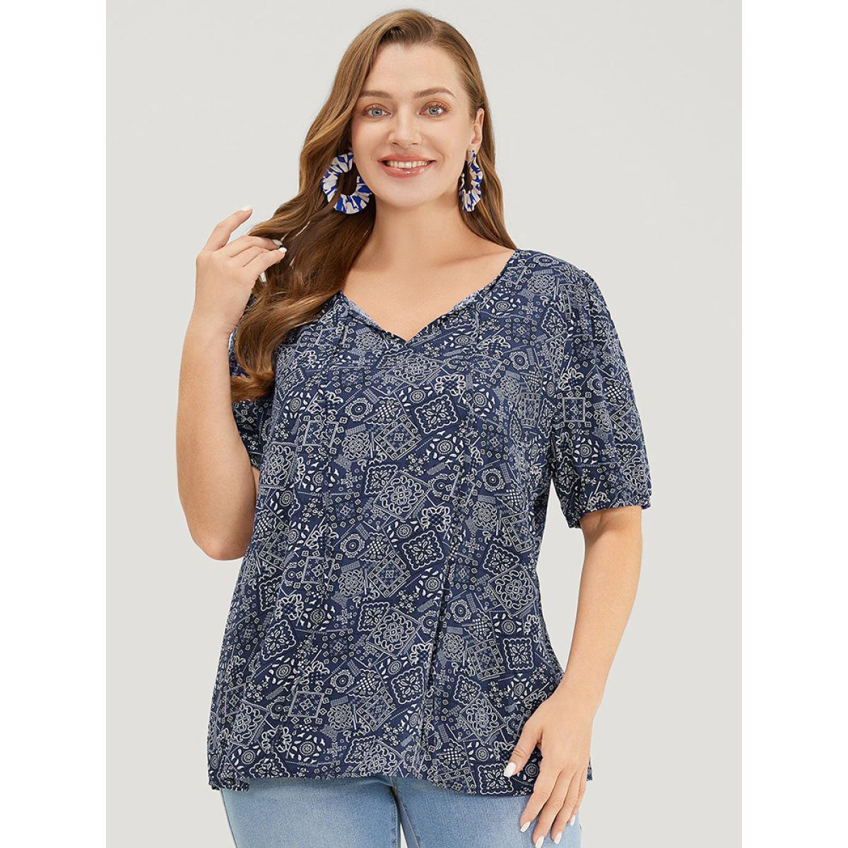 Plus Size Indigo Moroccan Print Keyhole Tie Neck Blouse Women Vacation Short sleeve V-neck Office Blouses BloomChic 28/5X Product Image