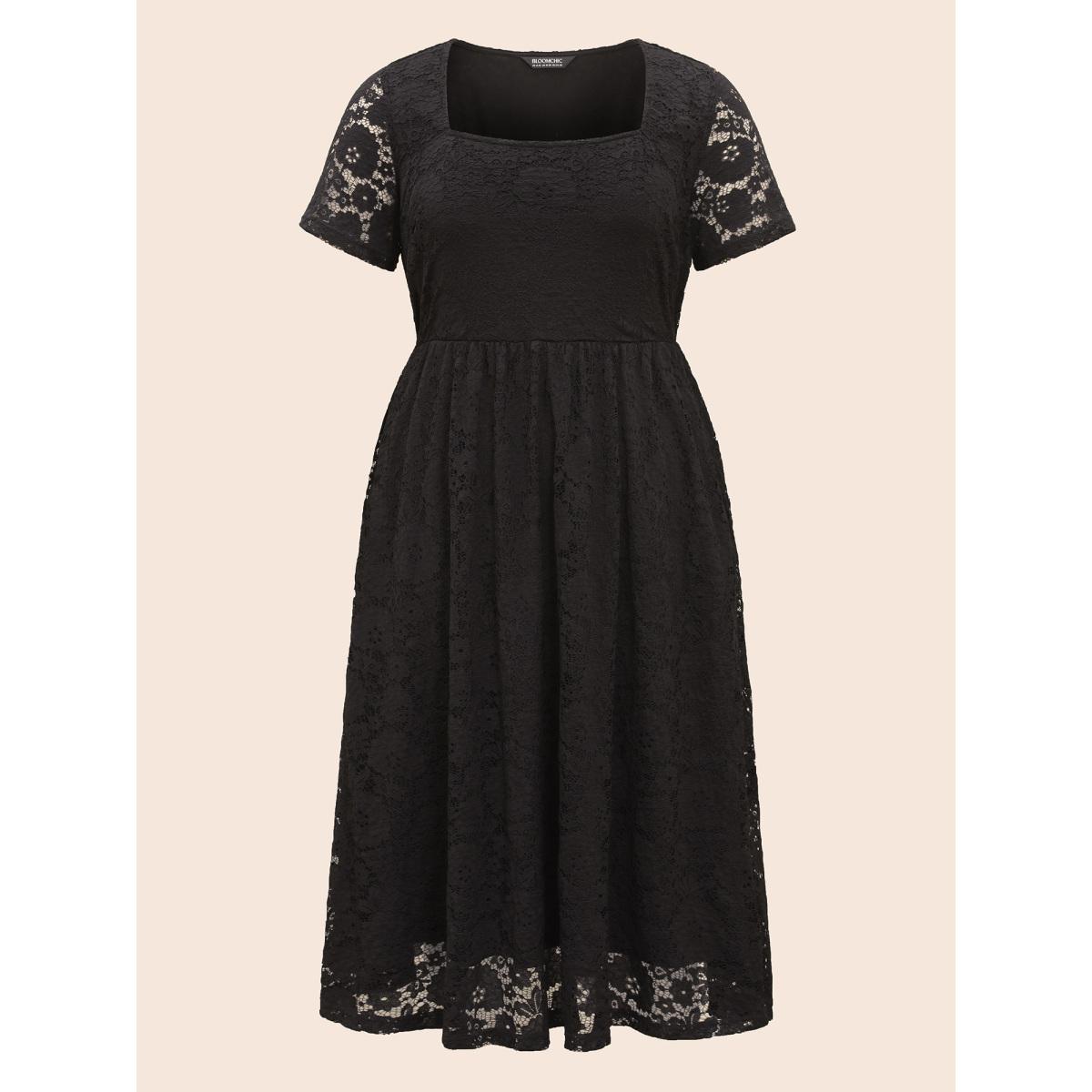 Plus Size Square Neck Lace Mesh Midi Dress Black Women Casual Woven ribbon&lace trim Square Neck Short sleeve Curvy BloomChic 28/5X Product Image