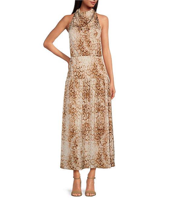 WAYF Karine Snake Print Cowl Neck Sleeveless Halter Tie Midi Dress Product Image