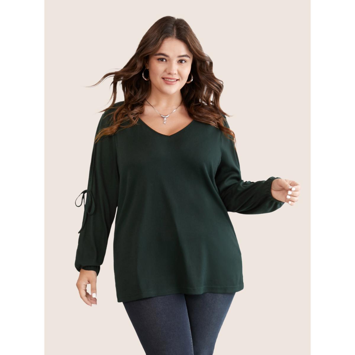 Plus Size Solid V Neck Knot Ties T-shirt DarkGreen Women Elegant Elastic cuffs Plain V-neck Everyday T-shirts BloomChic 26/4X Product Image