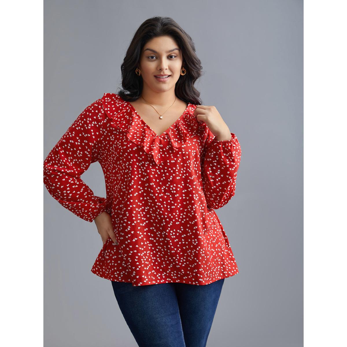 Plus Size Crimson V Neck Ruffle Heart Blouse Women Elegant Extra Long Sleeve V-neck Everyday Blouses BloomChic 14-16/1X Product Image