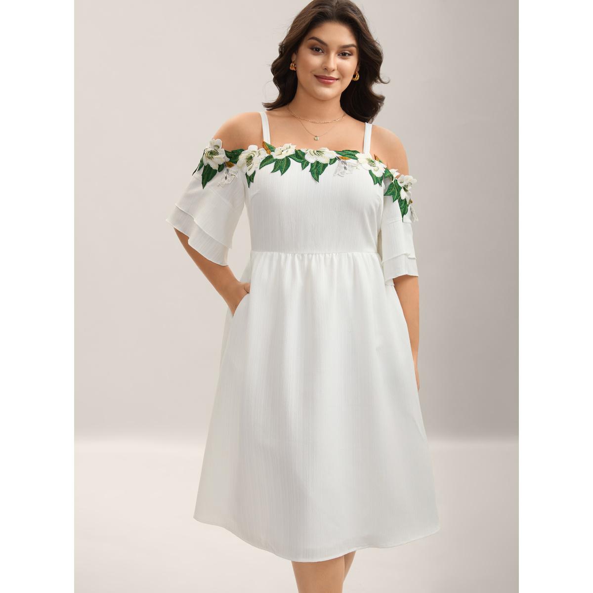 Plus Size Floral Lace Off-Shoulder Adjustable Midi Dress Originalwhite Women Romantic Non Sleeveless Curvy BloomChic 26/4X Product Image