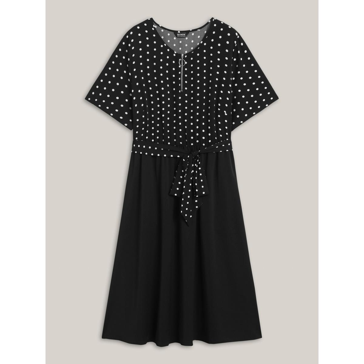 Plus Size Polka Dot Print Half Zipper Midi Dress BlackFlower Women Round Neck Short sleeve Curvy BloomChic 18-20/2X Product Image