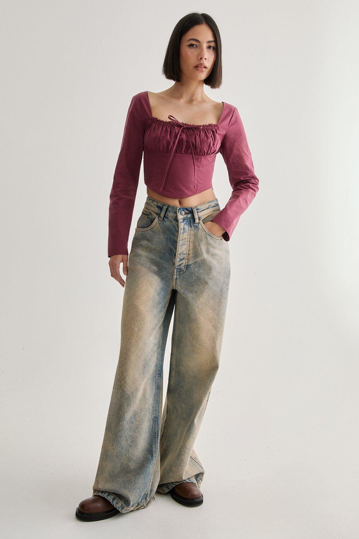 Cotton Lace Trim Lace Up Back Long Sleeve Corset Top Product Image