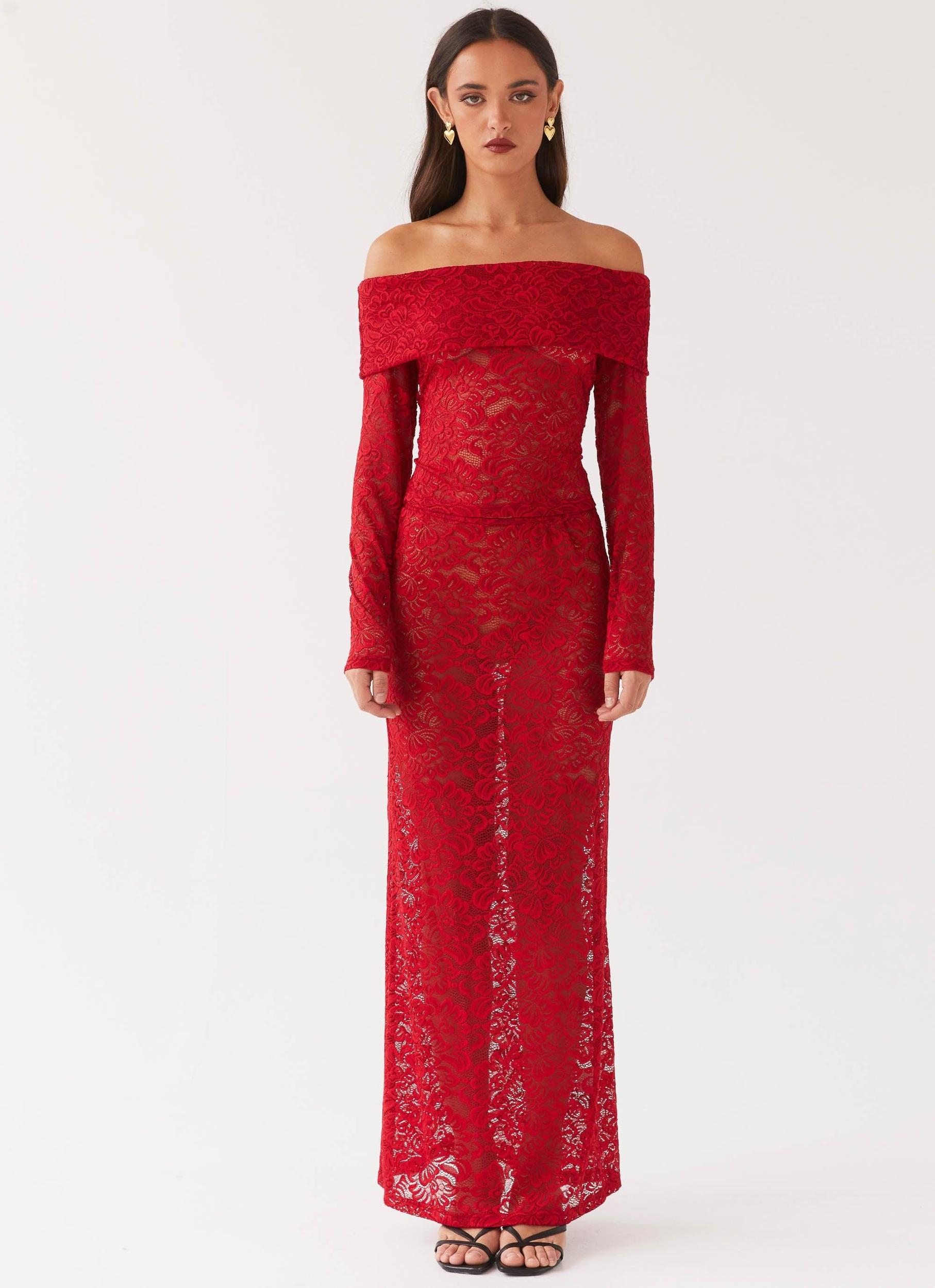 Zephyra Lace Long Sleeve Top - Red Product Image