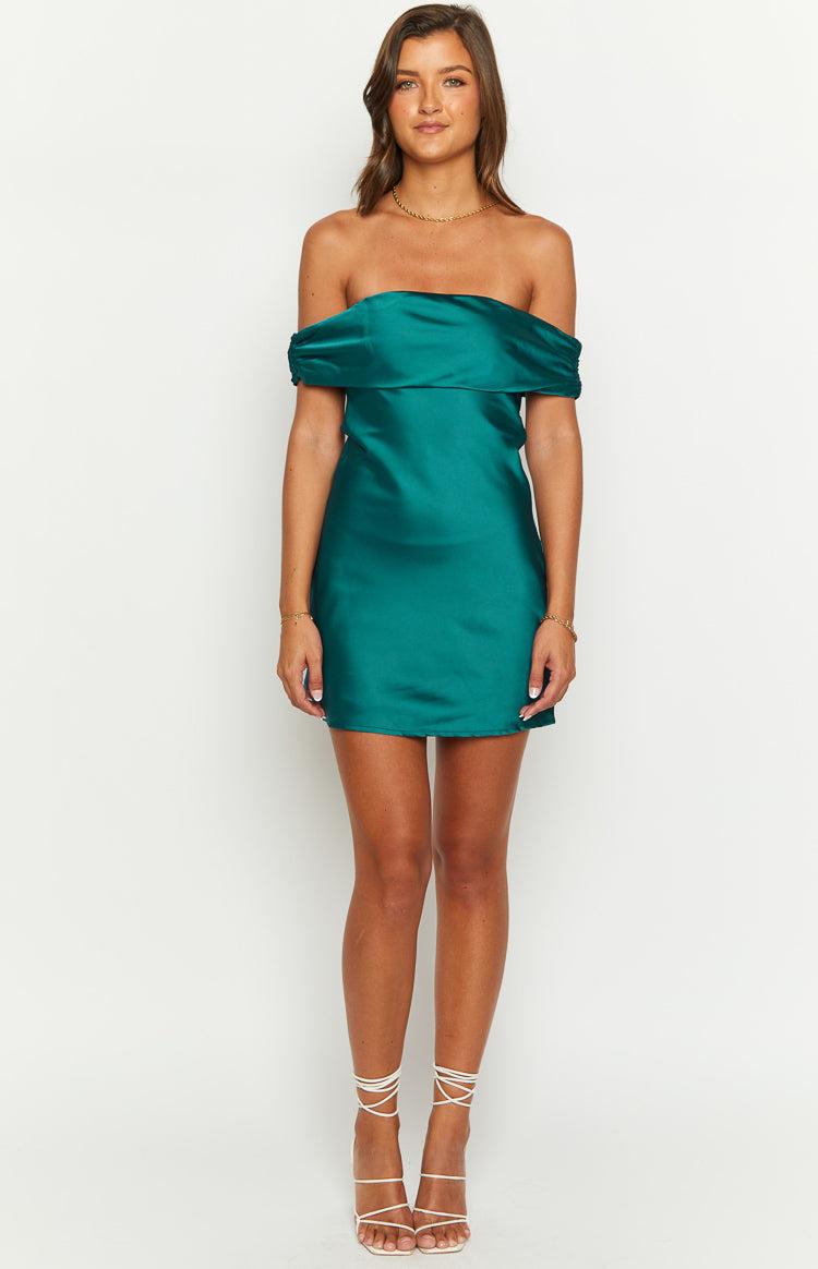 Primrose Teal Satin Off the Shoulder Mini Dress Product Image