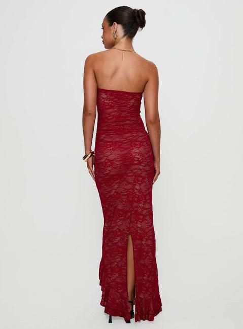Hailees Lace Strapless Maxi Dress Red Product Image