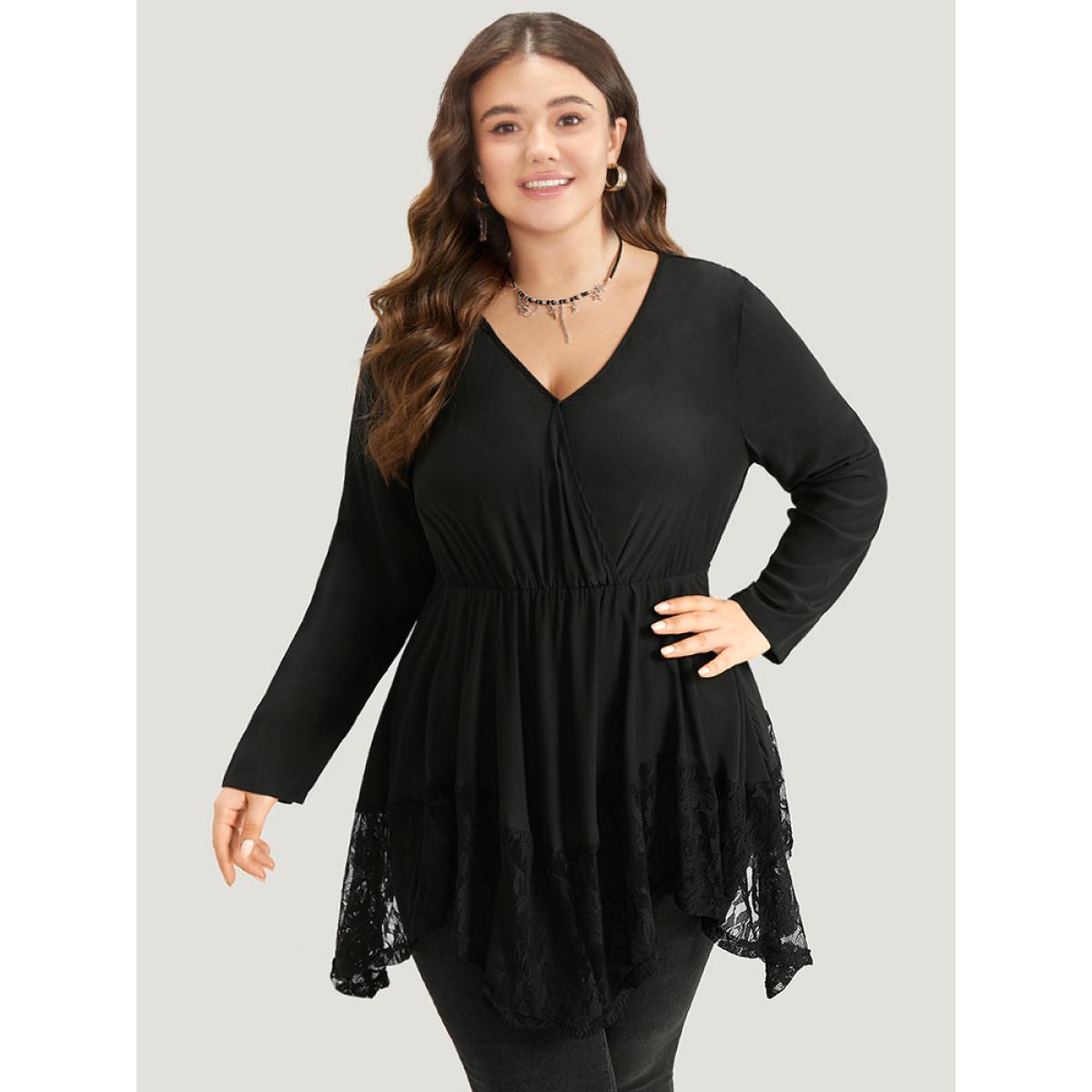 Plus Size Black Halloween Plain Lace Asymmetrical Hem Blouse Women Elegant Long Sleeve V-neck Dailywear Blouses BloomChic 14-16/1X Product Image