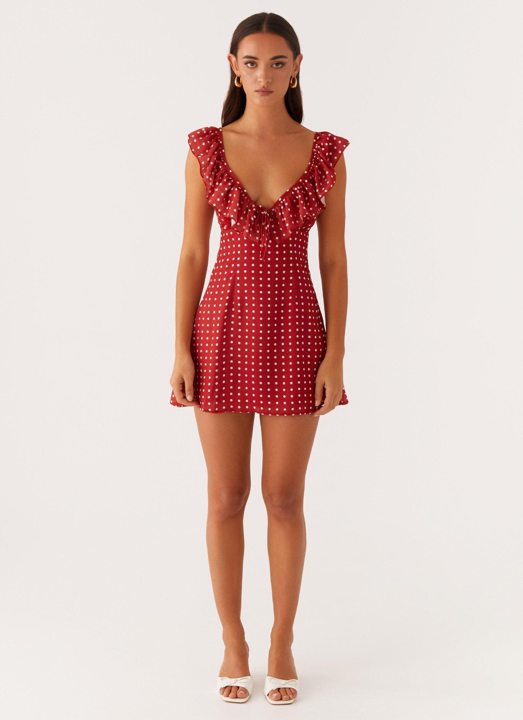 Adrina Ruffle Mini Dress - Red Polka Dot Product Image