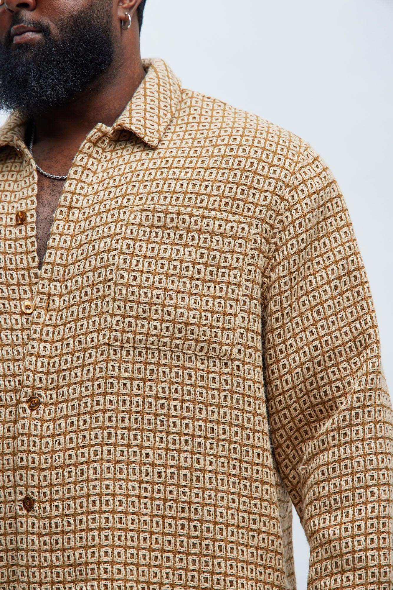 Oversized Island Textured Button Up Shirt - Brown Combo Product Image