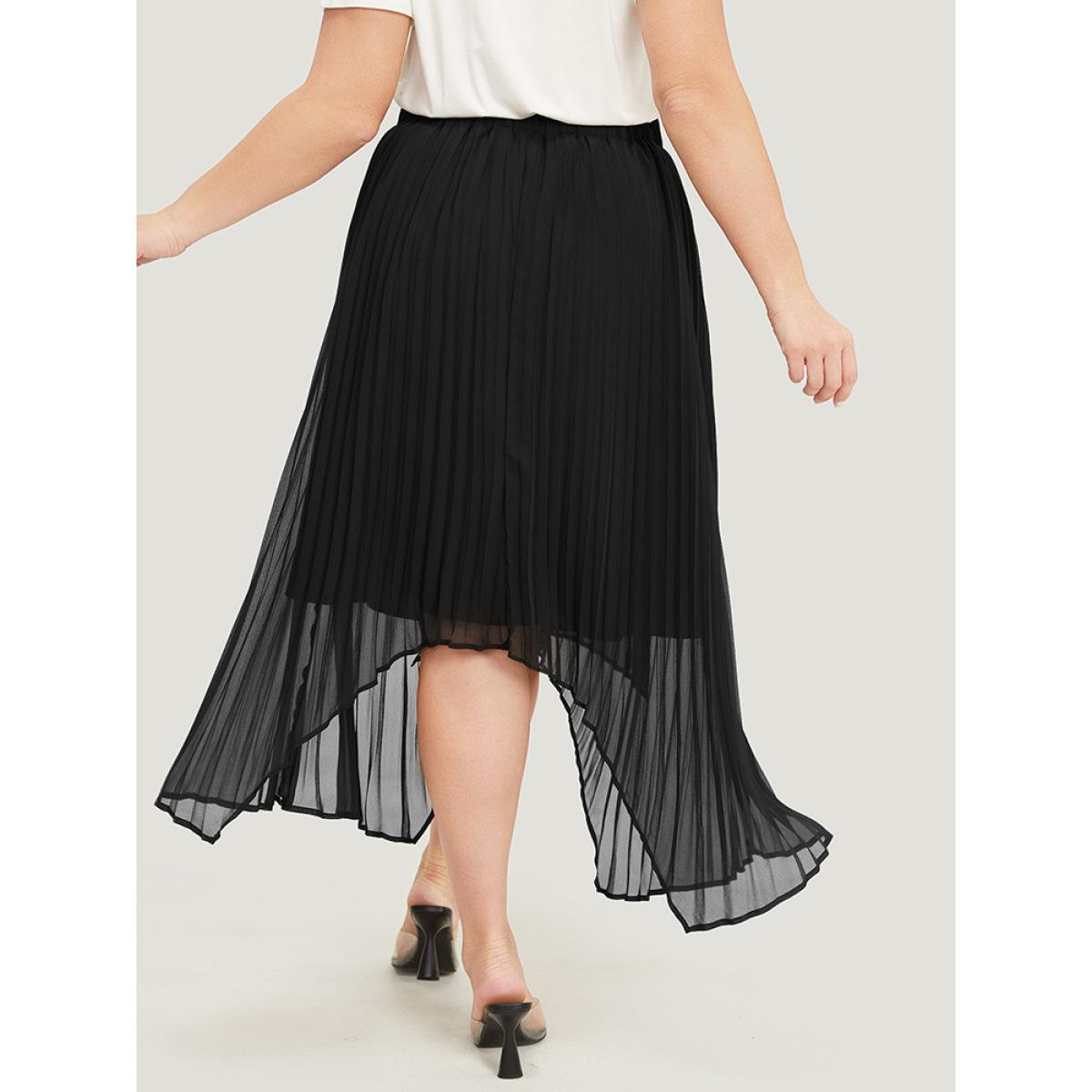 Plus Size Solid Mesh Pleated Detail Hanky Hem Skirt Women Black Elegant See through No stretch Dailywear Skirts BloomChic 18-20/2X Product Image