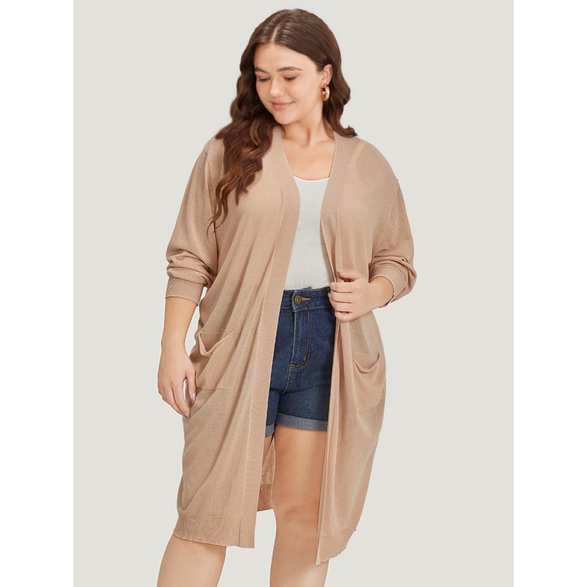 Plus Size Solid Patched Pocket Open Front Breathable Maxi Cardigan Apricot Women Casual Loose Long Sleeve Everyday Cardigans BloomChic 18-20/2X Product Image