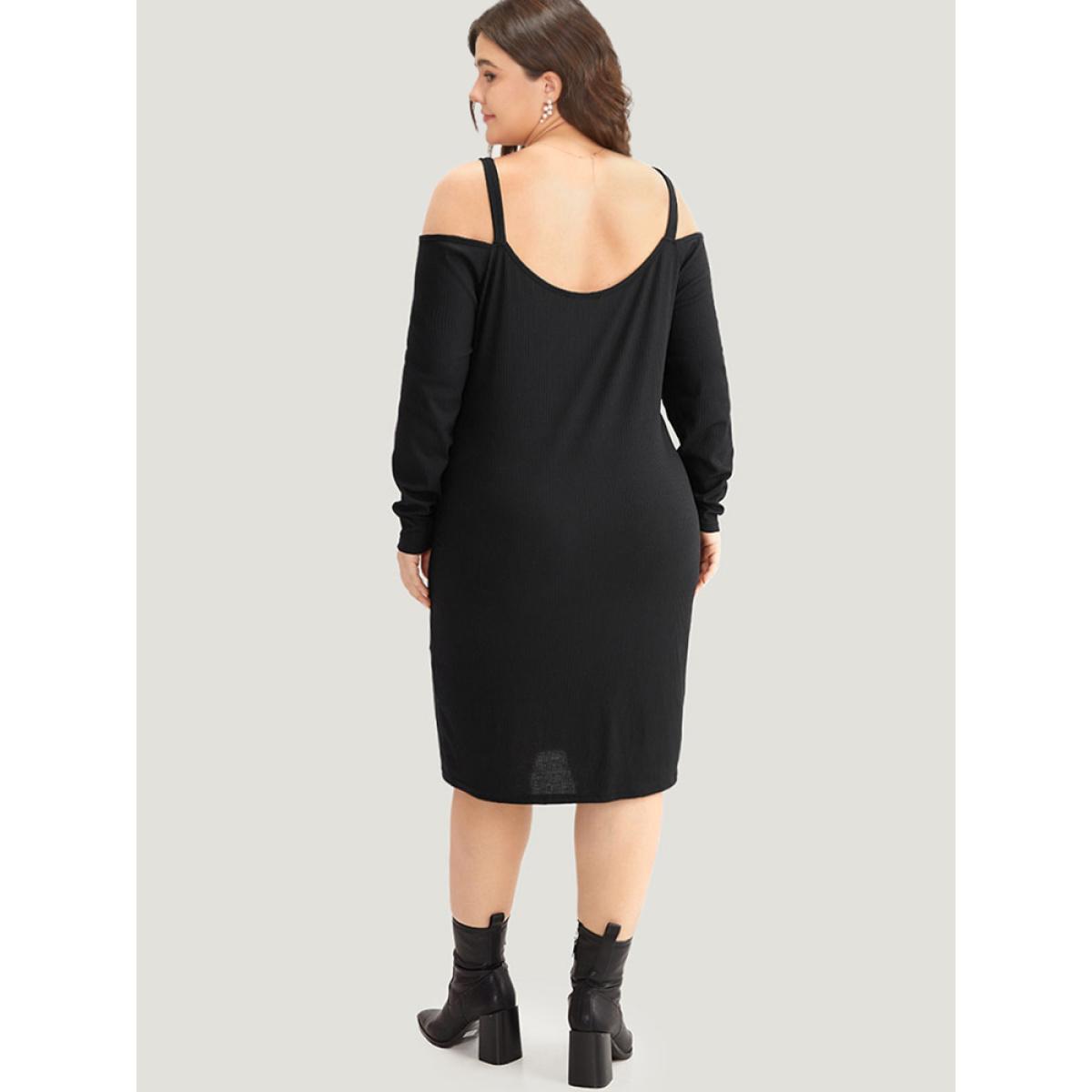 Plus Size Plain Rib Knit Metal Detail Cami Dress Black Women Casual Texture Spaghetti Strap Long Sleeve Curvy Knee Dress BloomChic 12/L Product Image