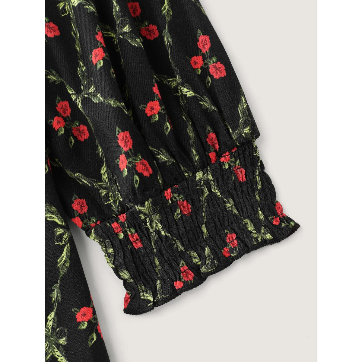 Plus Size Floral Print Square Neck Ruched Midi Dress BlackFlower Women Timeless Gathered Heart neckline Long Sleeve Curvy BloomChic 10/M Product Image