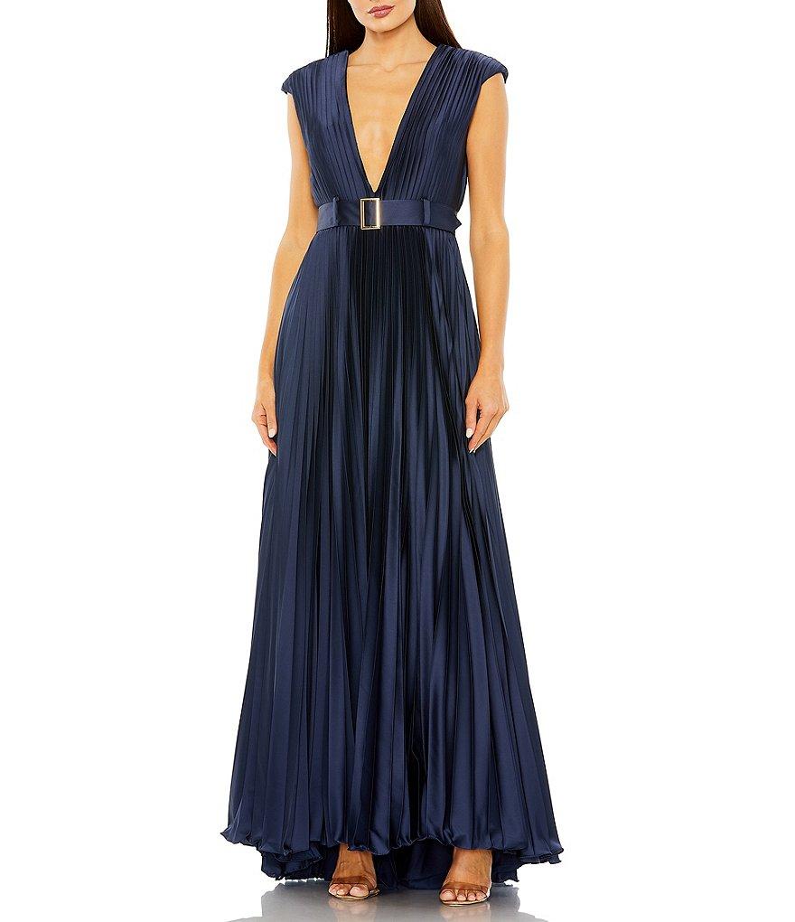 Mac Duggal Pleated Deep V-Neck Cap Sleeve Belted Gown Product Image