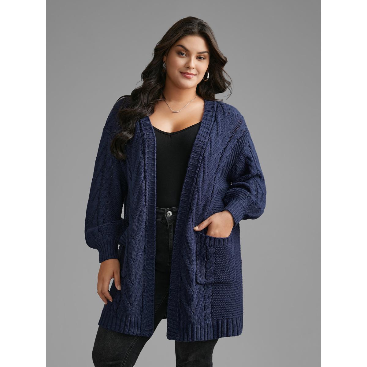 Plus Size Texture Cable Knit Patched Pocket Cardigan Indigo Women Casual Long Sleeve Everyday Cardigans BloomChic 26/4X Product Image