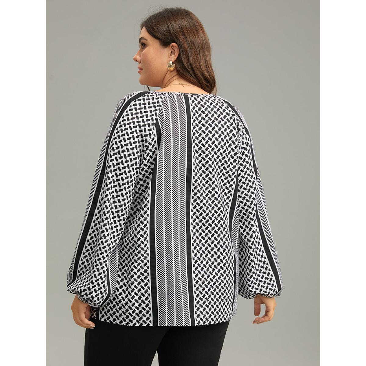Plus Size Black Geo Striped Tie Lantern Sleeve Blouse Women Resort Long Sleeve Tie Neck Vacation Blouses BloomChic 12/L Product Image
