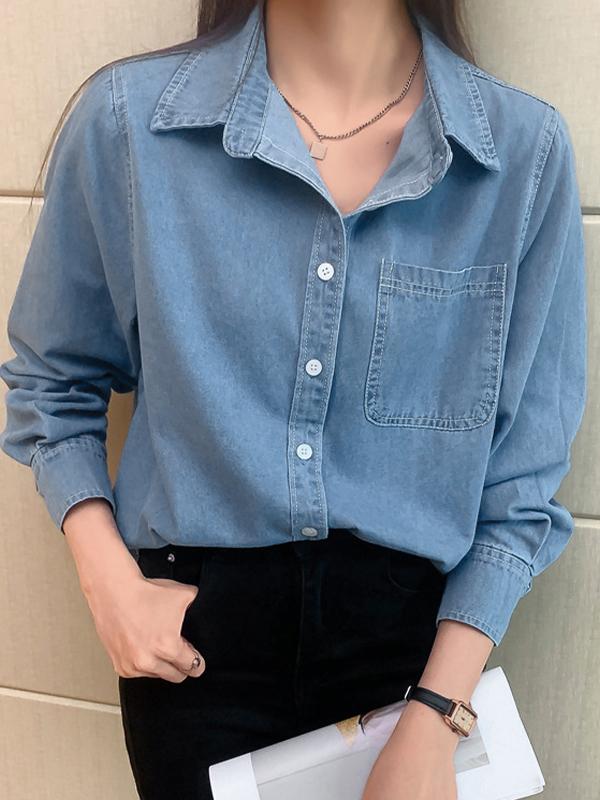 Versatile Pocket Denim Blouses&Shirts Product Image