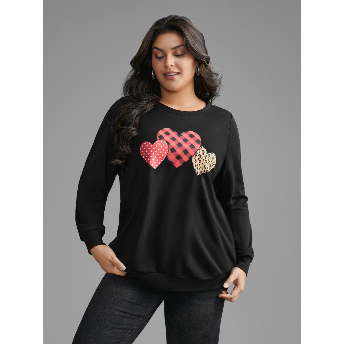 Plus Size Crew Neck Heart Print Sweatshirt Women Black Casual Non Round Neck Everyday Sweatshirts BloomChic 14-16/1X Product Image