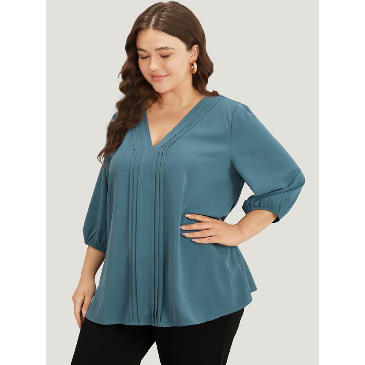 Plus Size Aegean Plain Pleated Detail Elastic Cuffs V Neck Blouse Women Office Elbow-length sleeve V-neck Work Blouses BloomChic 30/6X Product Image