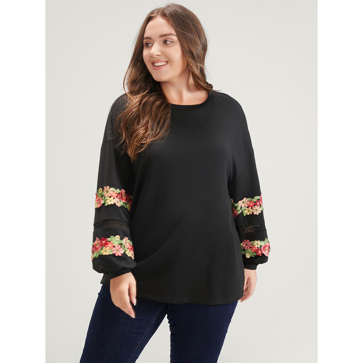 Plus Size Solid Floral Embroidered Contrast Lace Sweatshirt Women Black Elegant Patchwork Round Neck Dailywear Sweatshirts BloomChic 14-16/1X Product Image