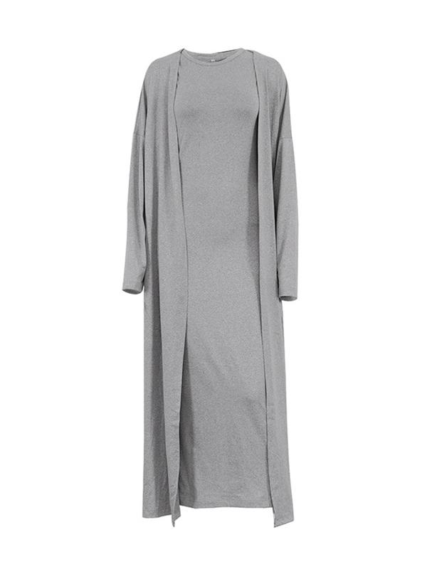 Long Sleeves Solid Color Round-Neck Inner Dress + Bodycon Outerwear Two Pieces Set Product Image