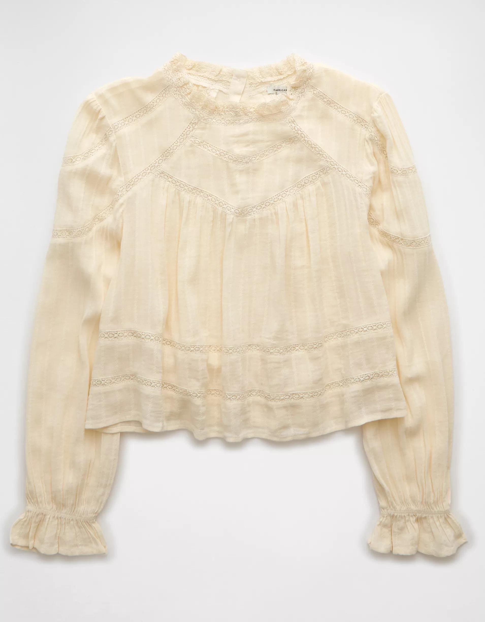 AE Long-Sleeve High Neck Lace Babydoll Top Product Image