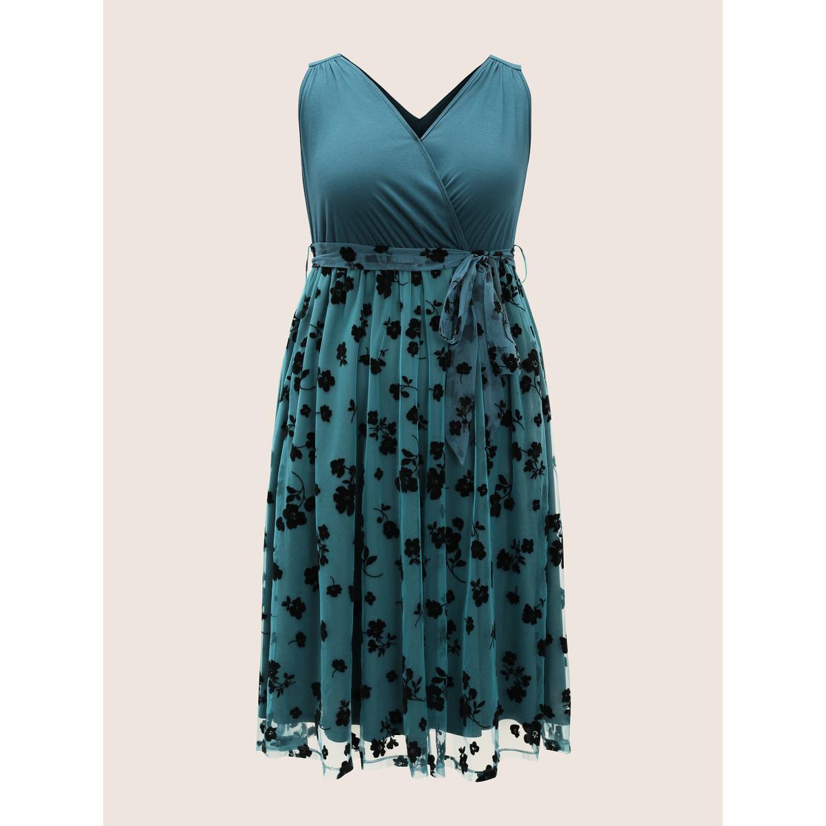 Plus Size Floral Mesh Patchwork Surplice Neck Tank Dress Cerulean Women Party&Cocktail Non Overlap Collar Sleeveless Curvy Midi Dress BloomChic 14-16/1X Product Image