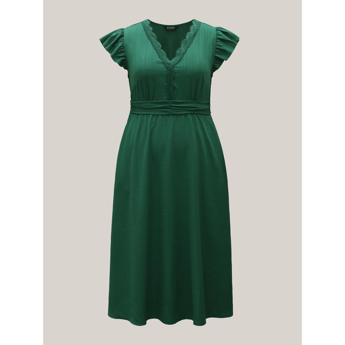 Plus Size Lace Trim Stitch Textured Waist-Defined Midi Dress Emerald Women Timeless Woven ribbon&lace trim V-neck Cap Sleeve Curvy BloomChic 14-16/1X Product Image