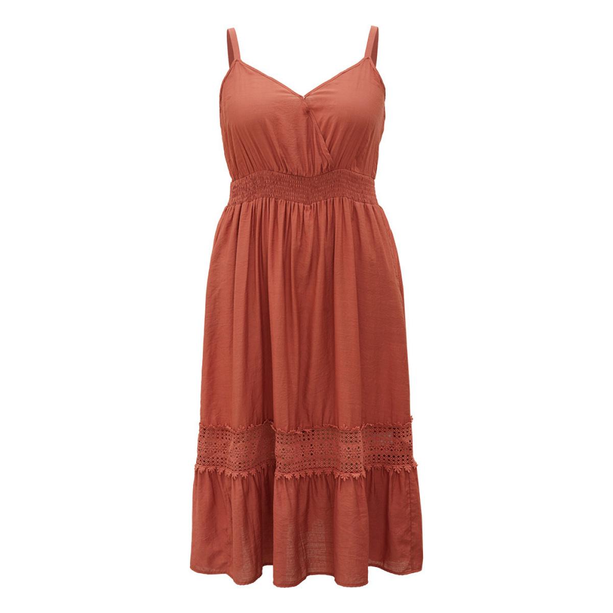 Plus Size Solid Crochet Lace Gathered Wrap Shirred Cami Dress Russet Women Vacation Patchwork V-neck Sleeveless Curvy Long Dress BloomChic 10/M Product Image