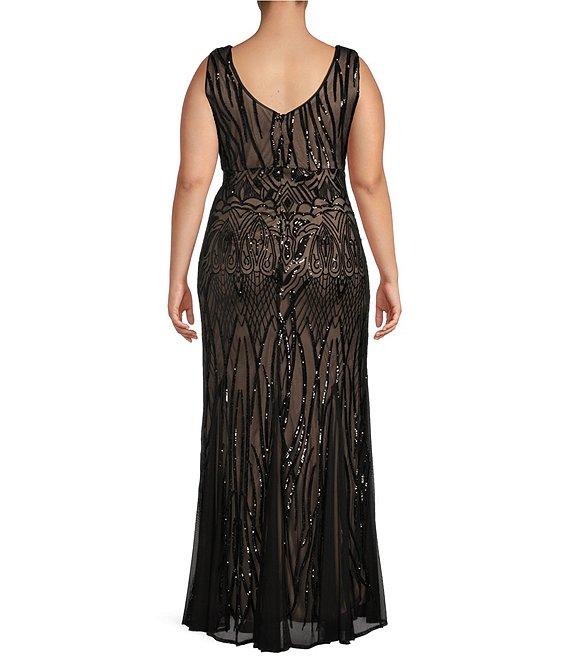 R & M Richards Plus Size Sleeveless V-Neck Sequin Godet Skirt Long Dress Product Image