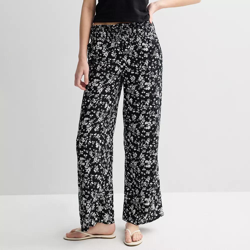 Juniors' SO® High-Rise Smocked Wide Leg Pants, Women's, Size: Large, Black Cream Ditsy Product Image