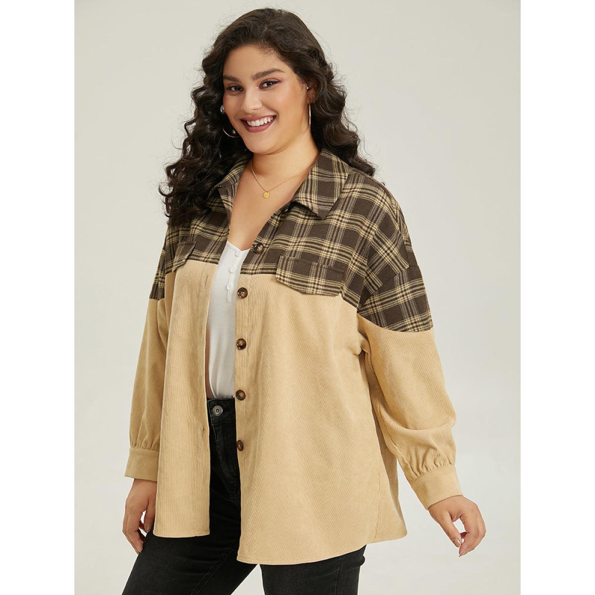 Plus Size Plaid Button Through Patchwork Contrast Jacket Women Tan Contrast Dailywear Jackets BloomChic 28/5X Product Image