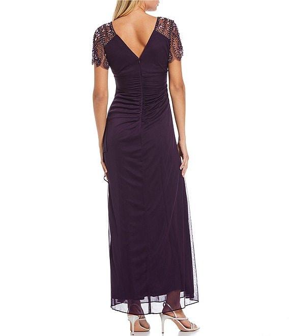 Xscape Short Beaded Sheer Flutter Sleeve Cascading Draped Waist V-Neck Beaded Gown Product Image