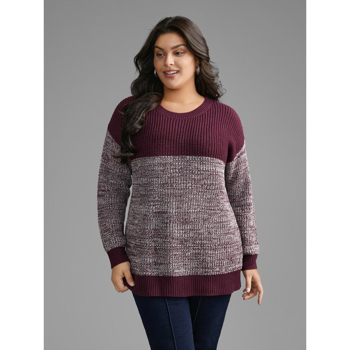 Plus Size Round Neck Heather Patchwork Pullover Deeppurple Women Casual Loose Long Sleeve Round Neck Everyday Pullovers BloomChic 28/5X Product Image