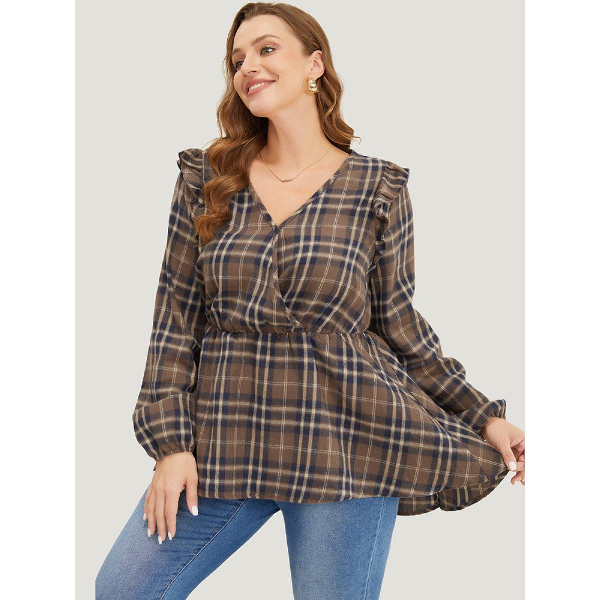 Plus Size DarkBrown Plaid Ruffles Trim Lantern Sleeve Asymmetrical Hem Wrap Blouse Women Elegant Long Sleeve V-neck Dailywear Blouses BloomChic 10/M Product Image