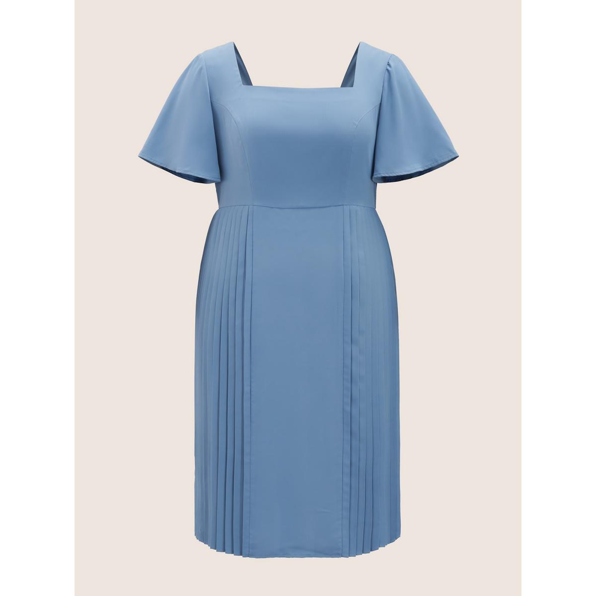 Plus Size Square Neck Plain Pleated Ruffle Sleeve Dress Stone Women At the Office Pleated Square Neck Short sleeve Curvy BloomChic 28/5X Product Image