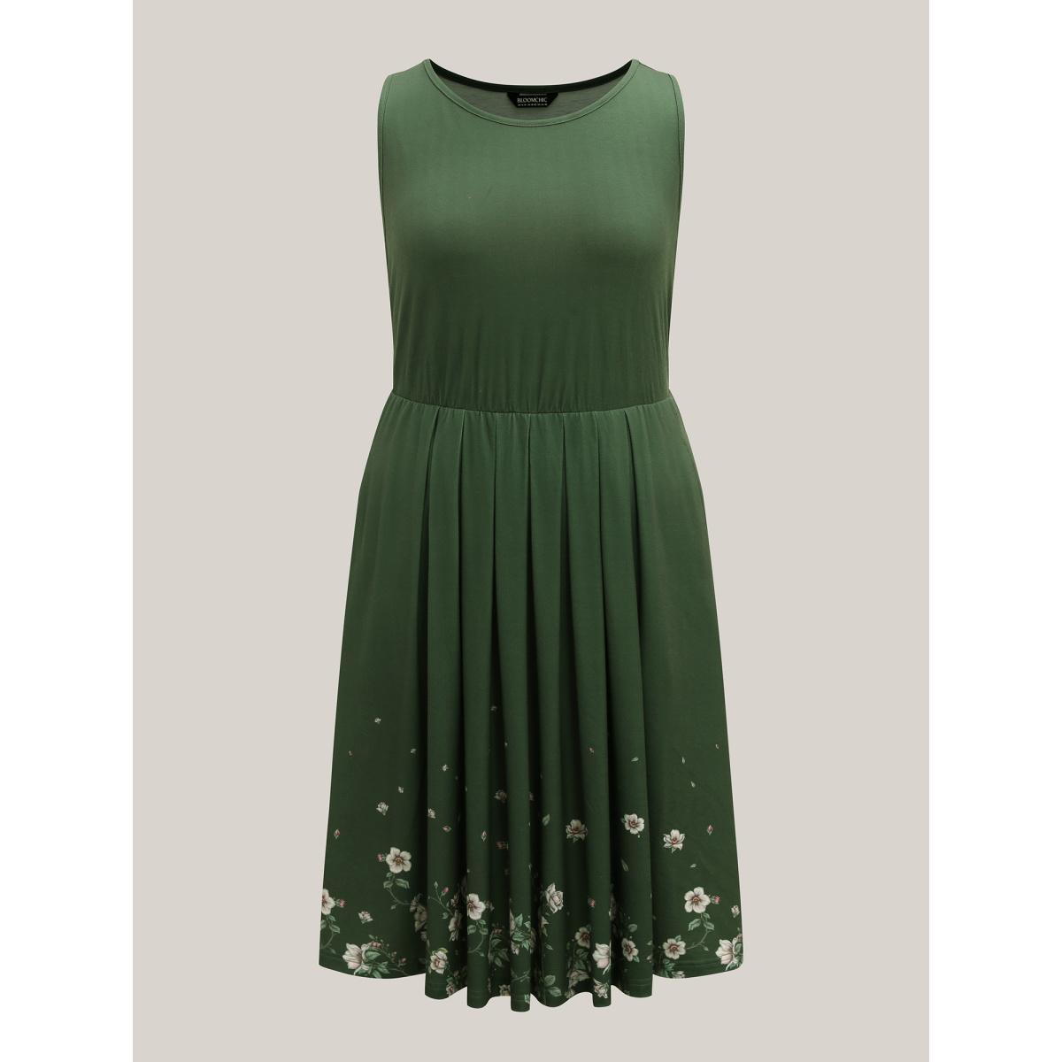Plus Size Floral Hem Print Cinched-Waist Midi Dress Moss Women Round Neck Sleeveless Curvy BloomChic 10/M Product Image