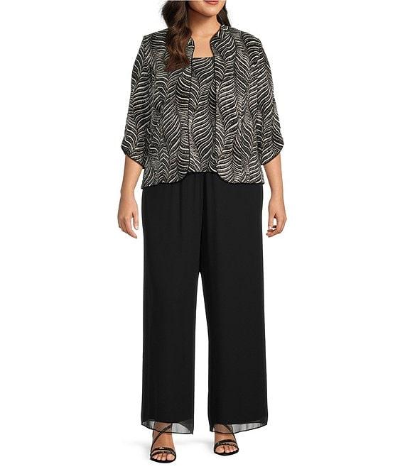 Alex Evenings Plus Size Zebra Metallic Glitter Knit Mandarin Neck 3/4 Sleeve Twin Set Product Image