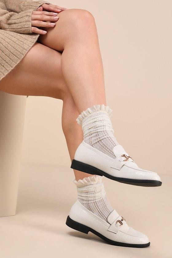 Wrenlie Cream Croc-Embossed Horsebit Loafer Flats Product Image